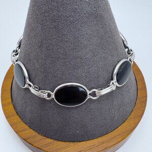 VTG Sterling Silver 925 Black Onyx Bezel Set Station Bracelet Size 7.75" Length